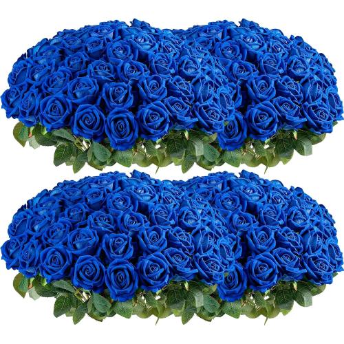 Auihiay 104PCS Blue Roses, Realistic Silk Velvet Blue Artificial Flowers | Lifelike Faux Roses for Bridal Bouquet, Home Decor, Valentine's Day, Wedding Centerpieces, Nautical Party