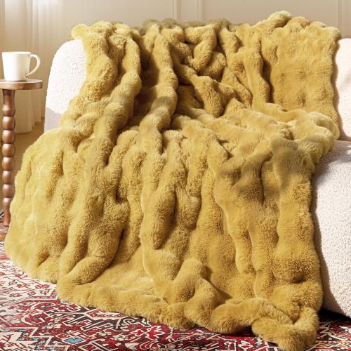 Ultra Soft Cozy Faux Fur Throw Blanket, Fuzzy Plush Thick Bubble Blanket, Oversize Luxury Fluffy Blanket for Couch, Sofa, Bedroom, and Living Room,50x60 Inches, Dark Yellow