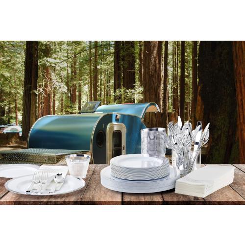 By Madee Heavyweight Elegant Disposable Dinnerware Set - Silver Fancy Plastic Dinnerware Sets with Plates, Cutlery, Napkins - Disposable Party Plates for Wedding, Baby Shower - 400 Pcs (50 Guests)