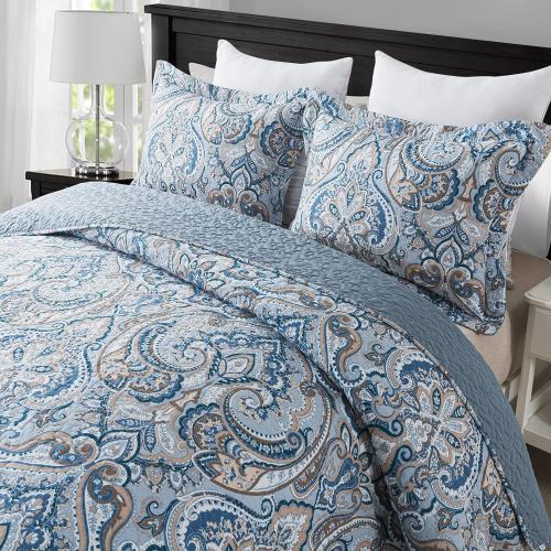 Blue and Brown Cotton Bedspread Quilt Sets-Reversible Patchwork Coverlet Set, Floral Pattern