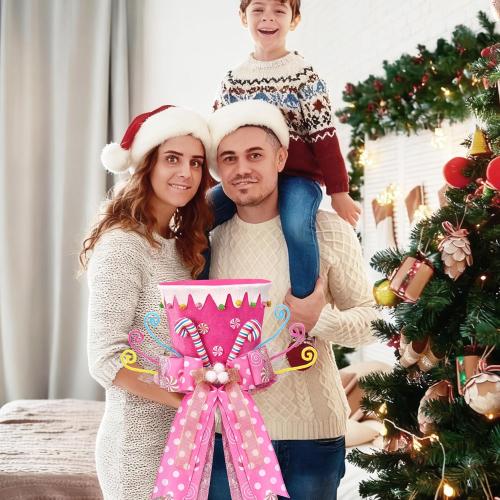Candy Cane Christmas Tree Topper,Candy Cane Christmas Decorations,Velvet Pink Hat with Peppermint Bows Ribbon Ornaments,Top Hat Christmas Tree Topper for Holiday Xmas Decorations (Pink)