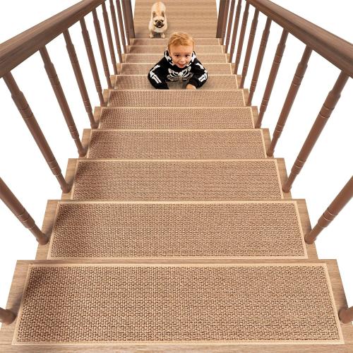 PADOOR Non Slip Stair-Treads,Rubber Backing Stair-Runners for Wooden Steps,15PCS Residue Free Carpet Stair Treads for Kids and Dogs 8x30 Beige