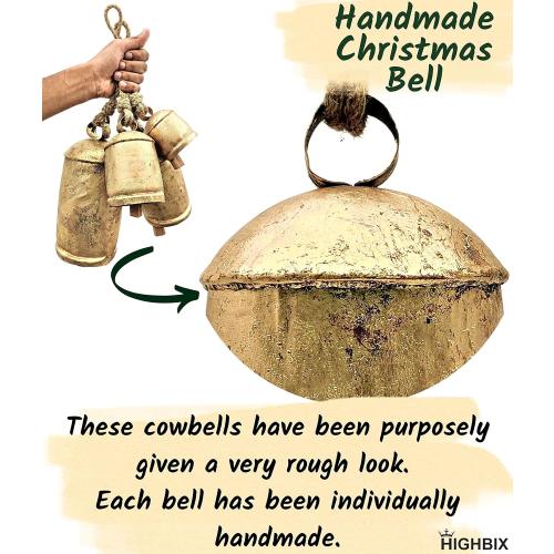 HIGHBIX Set of 3 Giant Harmony Cow Bells Huge Vintage Handmade Rustic Lucky Christmas Hanging XL Bells On Rope (Country Rustic, Large)