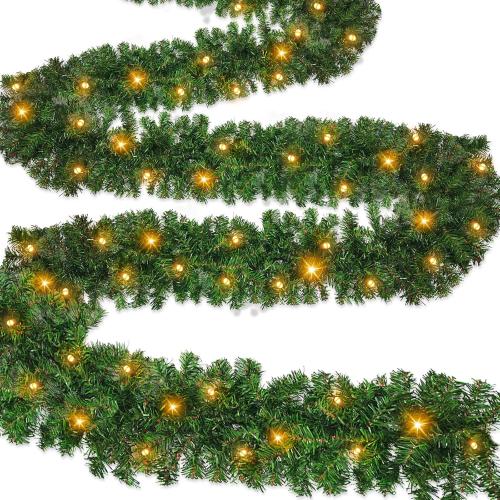 Remote Control 18 Ft Extra Long Prelit Christmas Garland Outdoor 100 Warm White & Multicolor Light 12 Mode Timer Real Touch Cedar Garland Battery Operated 600 Branch Christmas Decoration Stairs Mantle
