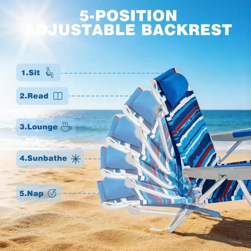 SUNNYFEEL XL 28 Extra Wide Beach Chair for Adults,Low Backpack Beach Chair | 5-Position Lay Flat Reclining, 500 lb Heavy Duty Folding Chair with Pillow & Cup Holder, Darkblue Stripe