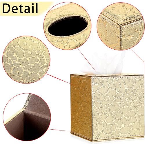 Sumnacon Square Leather Tissue Box Cover - Stylish Cube Tissue Box Holder with Magnetic Bottom, Decorative PU Tissue Box for Vanity Dresser Night Stand Table Countertop Home Office Car, Gold