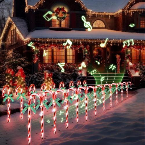 Hiboom 12 Pcs Christmas Candy Cane Light with 4 Christmas Theme Music, 20'' Pathway Markers Lights with Stakes Holiday Driveway Light for Xmas Holiday Party Walkway Garden Decor(Red, White)