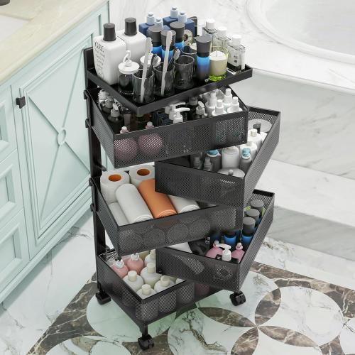 Rolling Rotating Storage Cart No Assembly Required，Bathroom Shelf Fruit and Vegetable Basket for Kitchen,Storage Drawer Organizer Cart ，Metal Utility cart on Wheels(Black, 5 Tier-Square)