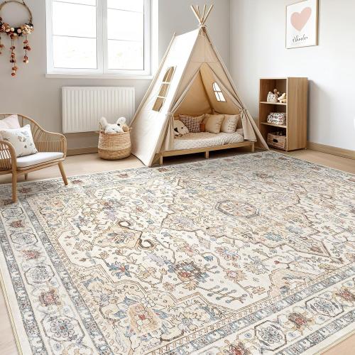 9x12 Area Rug Living Room: Washable Boho Large Neutral Vintage Soft Rugs Stain Resistant Farmhouse Non Slip Indoor Floor Carpet for Bedroom Nursery Kids Playroom Office Dining Room- Cream Blue