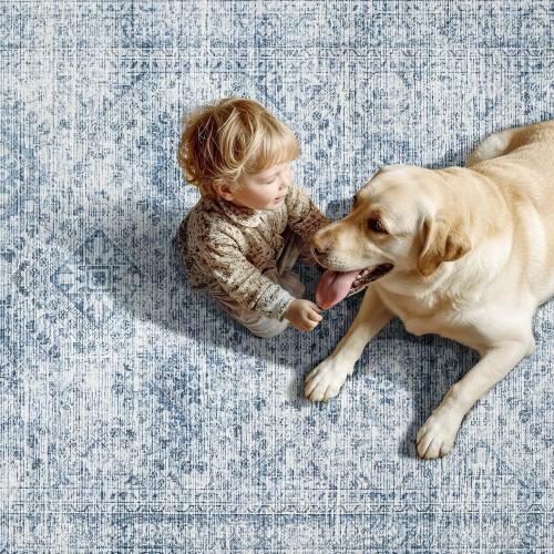 MIULEE 8x10 Vintage Washable Area Rugs Living Room Rug Low Pile Boho Farmhouse Floor Mat for Bedroom Dining Room Under Kitchen Table, Non-Slip Stain Resistant Soft Large Carpet for Home Decor, Blue