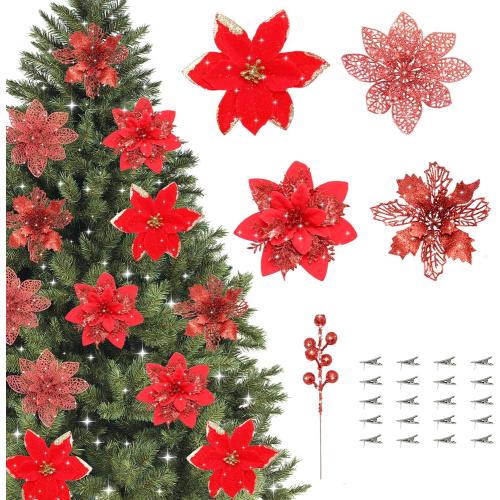 36 Pcs Poinsettia Flowers Artificial with Clips and Berry Stems Christmas Flowers Glitter Ornaments for Christmas Tree Wreath Fireplace Stairs Decorations (Red)
