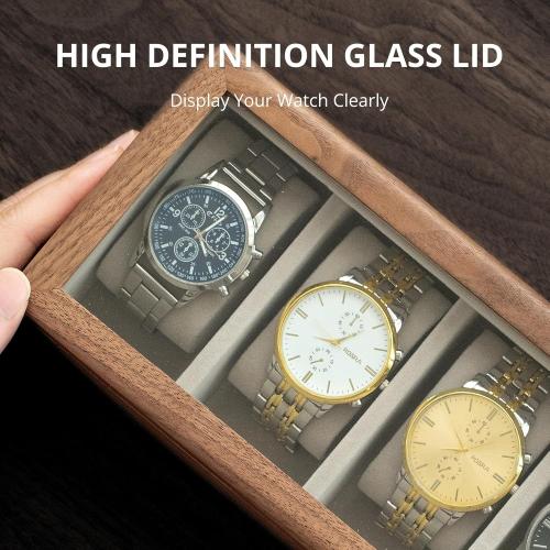 muso wood Watch Display Box, 5 Slot Watch Case for Men, Watch Organizer Box with Glass Lid, Watch Case with Removable Velvet Pillow, Father's Day Gift - 5 Slot, Walnut