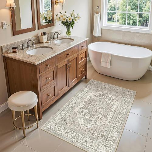 Madane Washable Area Rug 2x3 Small Entryway Rugs Non-Slip, Beige/Brown