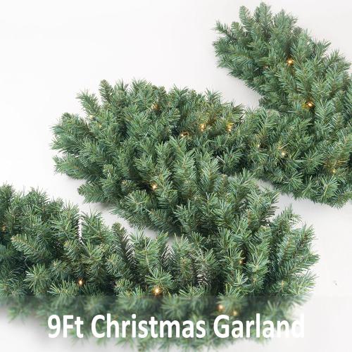 Christmas Garland 9ft with 50 Led, 330 Tips Prelit Fraser Fir Garland with 50 LED Lights, Lush and Classics Green Style for Indoor Outdoor Home Xmas Decoration