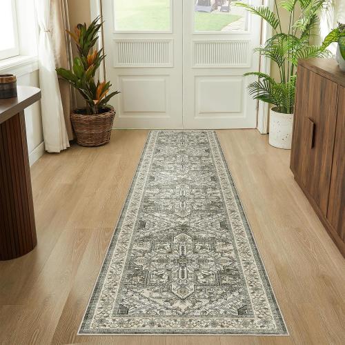 WITSHOCK 2x10 Long Runner Rug for Hallway: Washable Distressed Boho Low Pile Stain Resistant Foldable Carpet for Bedroom Kitchen Entryway Indoor Entrance, Oriental Farmhouse Floor Rug, Brown/Lvory