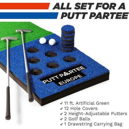 Indoor-Outdoor Golf Game Set - Golf Pong Putting Game with 11 Ft. Flat Green, 2 Height-Adjustable Putters, 2 Balls, & Bag. Portable Tailgating or Backyard Games for All Ages by Putt Partee