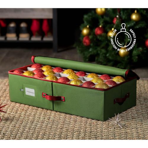 ZOBER Underbed Christmas Ornament Storage Box - Stores 64 3 Ornaments, With Dividers - Tear Proof 600D Oxford Fabric, Ornament Organizer Storage Box, Durable Christmas Containers Holder - Green
