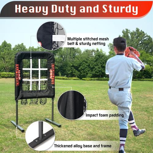 Heavy-Duty 9 Hole Pitching Net with Strike Zone, Baseball/Softball Pitching Target, Portable Height-Adjustable Pitcher Training Equipment, Includes 4 Ground Stakes and 2 Sandbags