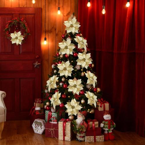 Childom 12 PCS Poinsettia Flower Artificial Poinsettia Christmas Decoration 8.7'' Gold Glitter Poinsettias Christmas Ornaments Xmas Tree Flower Decor with Clips DIY Xmas Wreath Holiday Home Party