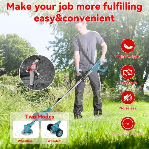 Electric Weed Wacker with 21V High-Power Motor, 3-in-1 Blades & Adjustable Telescopic Pole – Cordless Grass Trimmer with Wheels & Debris Shield String-Trimmers