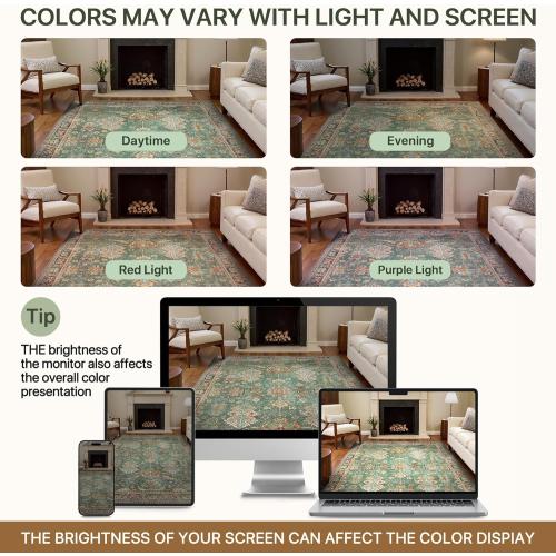 Bavni Washable Area Rugs 8x10 Green Boho Rug Tumble Vintage Large Carpet for Living Room Bedroom Dining Room, Non Slip Thin Low Pile Chenille, Dark Sage/Gold