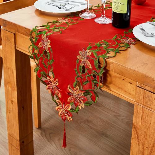 AMARED Christmas Embroidered Table Runner Cutwork Green Leaves Holiday Table Linens for Christmas Decorations 15x69 Inch