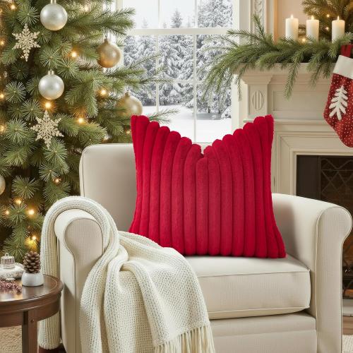 decorUhome Faux Fur Christmas Throw Pillow Covers 24x24 Set of 2, Decorative Soft Plush Striped Neutral Couch Euro Pillow Covers with Velvet Back for Sofa, Bed, Living Room Home Decor, Red