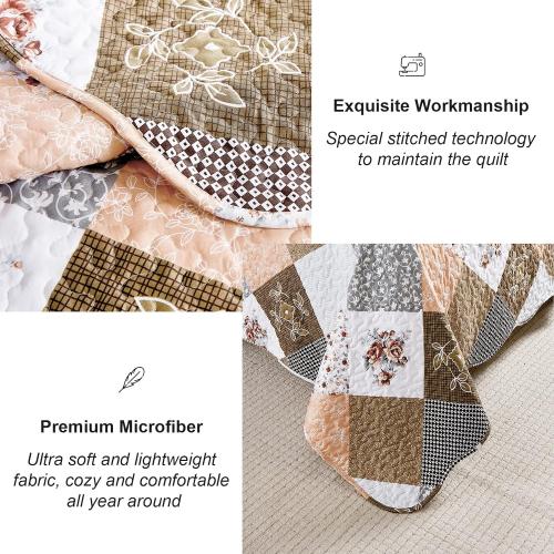 Dinjoy Floral Plaid Patchwork Quilt Set California King Size, Reversible Brown Bedding Set Soft Microfiber Lightweight Bedspread Coverlet 3 Piece Fall Autumn Use(106x96 inches, Cal King)