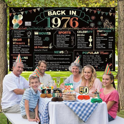 DARUNAXY Colorful 1976 50th Birthday Decorations for Men Women(32PC) | Back in 1976 Banner, 50 Number Balloons & Cake Topper, Vintage 1976 50 Year Old Birthday Honeycomb Hanging Swirl Supplies