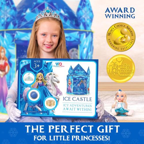 W&O Frozen Princess Tent for Girls with Magical Sound Button, LED Lights, Crown & Wand – Indoor & Outdoor Frozen Tent for Girls Ages 3-7