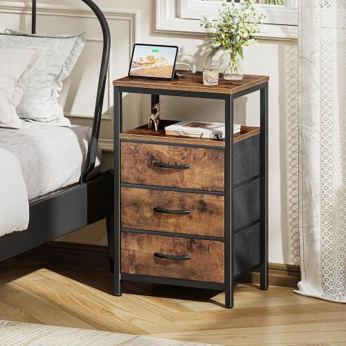 Size 27.6 Color brown Huuger Nightstand with Charging Station, 27.6 Inch Bedside Table with Fabric Drawers, End Table with USB Ports and Outlets, Night Stand for Bedroom, Rustic Brown