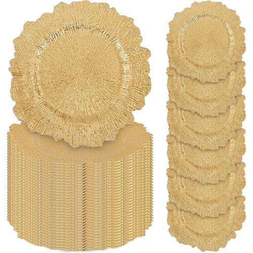 50 Pcs Gold Charger Plates Bulk, 13 Reef Plate Chargers for Dinner Plates, Plastic Floral Decorative Plates for Table Setting, Round Table Chargers for Wedding, Christmas, Party, Event, Decoration