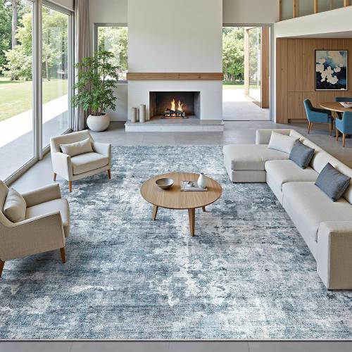 10x14 Area Rugs for Living Room, Non Slip Machine Washable Vintage Rugs, Low Pile Lightweight Large Rug for Bedroom, Dining Room, Home Office Blue