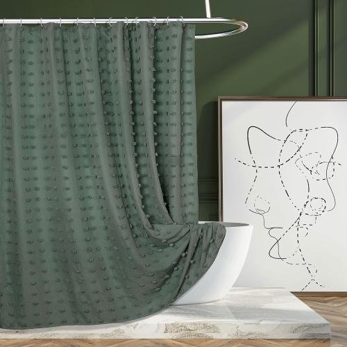 Extra Long Green Boho Shower Curtain Woven Fabric Cute 84 Inch Shower Curtain, 72 x 84 Tufted Pleat Floral Puffs Textured Modern Farmhouse Minimalist Shower Curtain Set with Hooks for Bathroom