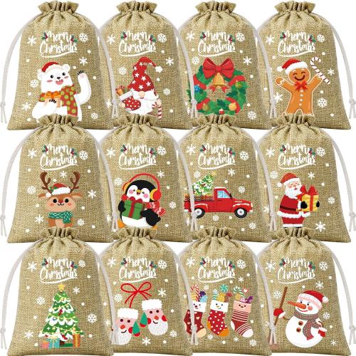 FLOE 72Pcs Christmas Burlap Gift Bags with Drawstring, 5x7in Christmas Linen Treat Bags with Tag, Xmas Candy Bag Small Jute Goody Reusable Gift Wrapping Bag Xmas Holiday Party Favors Sacks