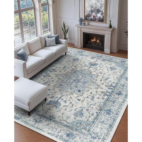 Area Rugs 8'x10' Washable Non-Slip, Floral Vintage Distress Print Pattern Medallion Carpet for Living Room Bedroom Dining Room, Light Blue Navy Beige Gray White