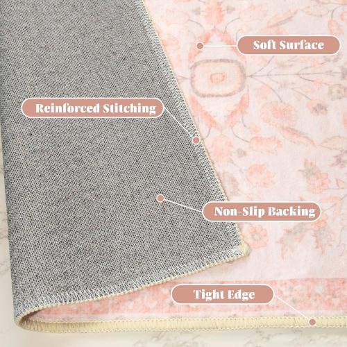 Area Rugs Washable,Large Floral Rugs for Living Room Bedroom Dining Room,Boho Indoor Floor Rug Non Slip Throw Carpet Low Pile Vintage Pink EXTRA LARGE