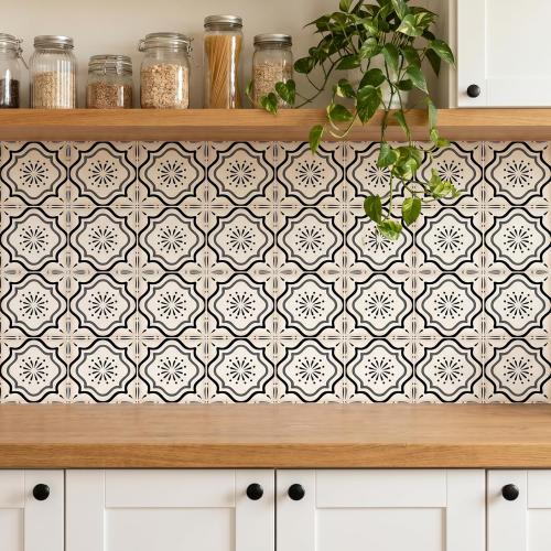16 Pack, 5.9x5.9 Inch Black Moroccan Vinyl Decals, Mediterranean Peel and Stick Wall Stickers, Removable Decorative Decals for Kitchen, Bathroom, Stairs & Furniture