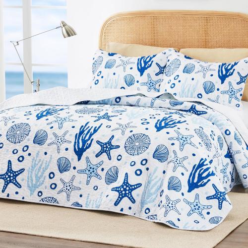 Love's cabin Twin Quilt Bedding Set Coastal White Bedspreads - Soft Bed Summer Beach Nautical Quilt Lightweight Bedspread- Reversible Bedding Coverlet for All Season - 2 Piece