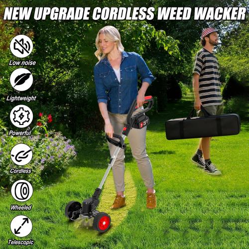 21V Electric Weed Wacker Cordless Weed Eater Battery Powered String Trimmer Battery Operated,3 in 1 Grass Trimmer/Brush Cutter/Lawn Edger, Metal Blades,Wheels, Stringless Weed Trimmer for Garden Yard