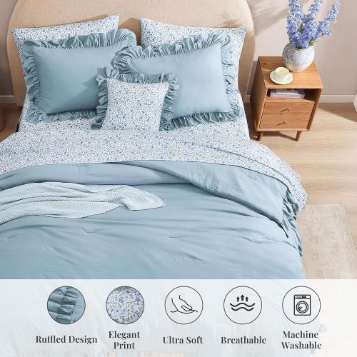 BLOOMHAVEN Oversized Queen Comforter Set - 7 Pieces Ruffle Blue Bedding Sets, Shabby Chic Farmhouse Bed in a Bag with Ruffle Comforter, Floral Sheets, Pillowcases & Shams