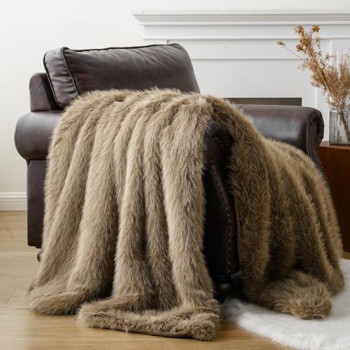 BATTILO HOME Luxury Tan Fluffy Faux Fur Throw Blanket, Cozy Warm Large Fur Blanket for Couch, Sofa, Chair, Bed, Plush Fuzzy Fur Throws with Long Pile, 60x80(Khaki)