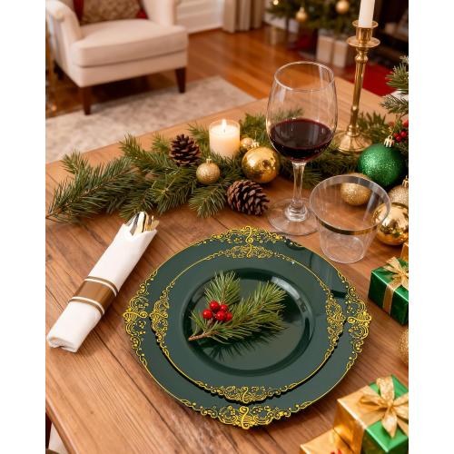 Nervure 175PCS Green Plastic Plates - Disposable Green Gold Party Plates & Pre Rolled Napkins with Cutlery for 25 Guests, 50Plates, 75Silverware, 25Cups, 25Napkin for Wedding & Party