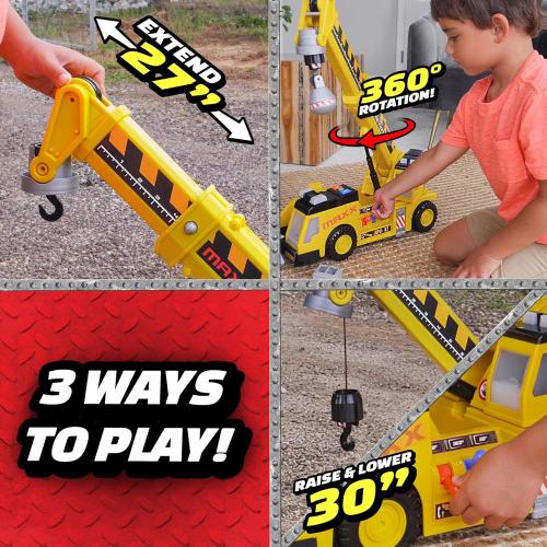 Sunny Days Entertainment, LLC. Maxx Action 27'' 3-N-1 Crane Truck - Large Construction Vehicle with Lights, Sounds and Motorized Drive | Realistic Crane with Joystick Controllers
