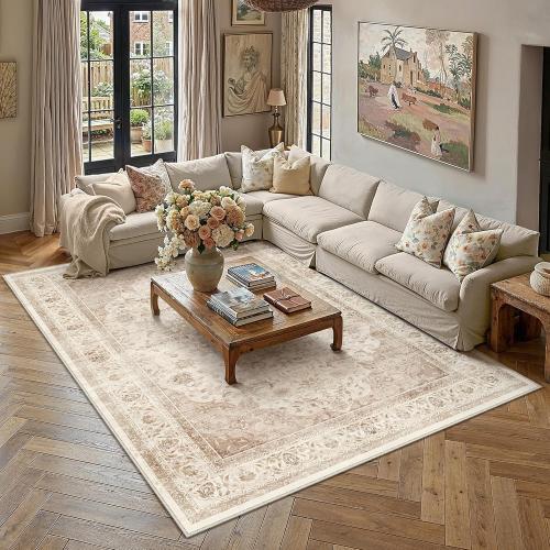9x12 Beige Washable Vintage Area Rug for Living Room Bedroom Soft Tranditional Non Slip Large Throw Rug Lightweight Floral Low Pile Distressed Carpet Office Playroom Home Decor
