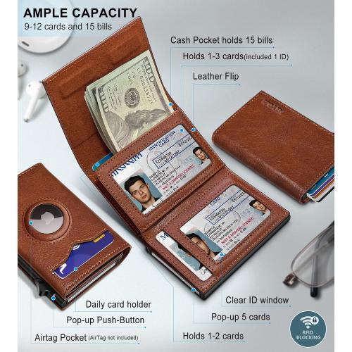 Airtag Wallet for Men,with Cash Pocket 2 ID Window 9-12 Cards,Metal Case Smart Slim Pop Up Credit Card Holder Flip with Magnetic Closure RFID Blocking Trifold wallet with Gift Box
