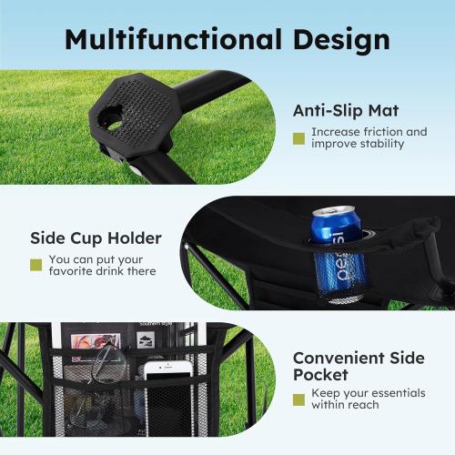 ALPHA CAMP Camping Chairs 350LBS Capacity, Heavy Duty Folding Chair with 4-Can Cooler Bag, Portable Outdoor Chair with Cup Holder for Adults, Collapsible for Tailgating, Beach, Fishing,Black,2PC