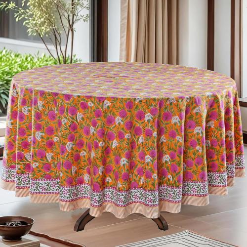 Ridhi Round Tablecloth - Hand Block Print 100% Cotton Reusable Bubblegum Pink 110 Inch Table Cover Decorative Use for Dining, Home, Party, Wedding, Farmhouse, Fall, Thanksgiving