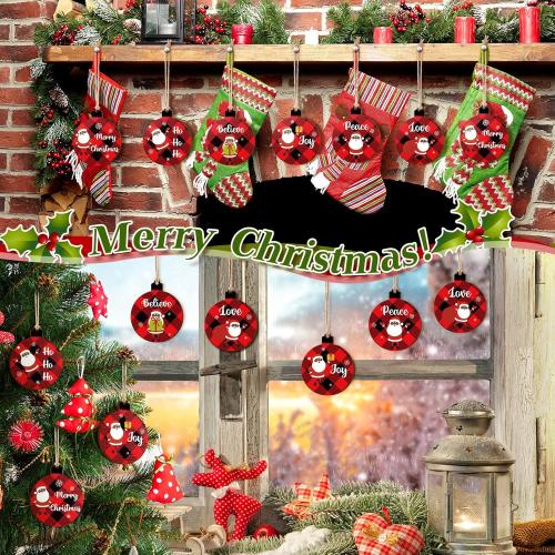 36 Pieces Black Santa African American Christmas Tree Wood Ornaments - Farmhouse Round Hanging Wishes Crafts - Buffalo Plaid Ornament for Holiday Party Wedding