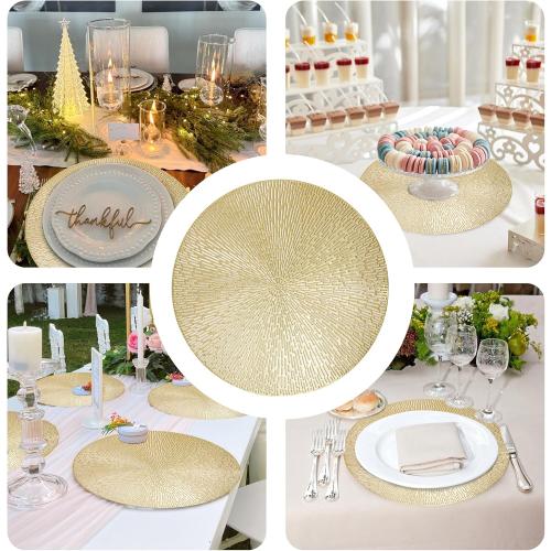 Snowkingdom Round Gold Placemats Set of 12, Gold Vinyl Metallic 15 Inch Round Placemat, Washable Wipeable Hollow Place Mats Non Slip Dining Table Mats for Halloween Wedding Party Christmas Decoration